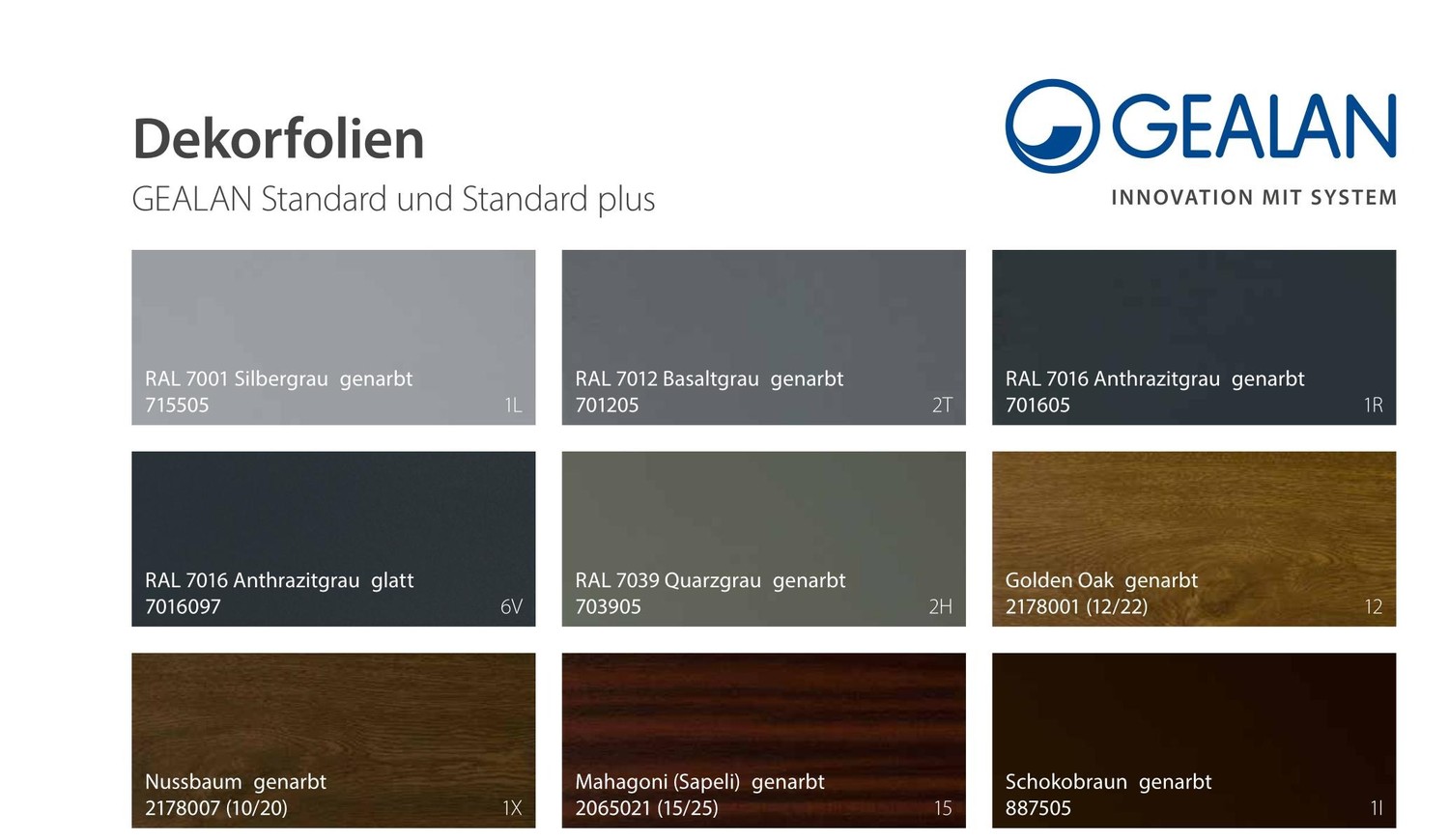 GEALAN Standard és Standard plus dekorfóliák színskálája